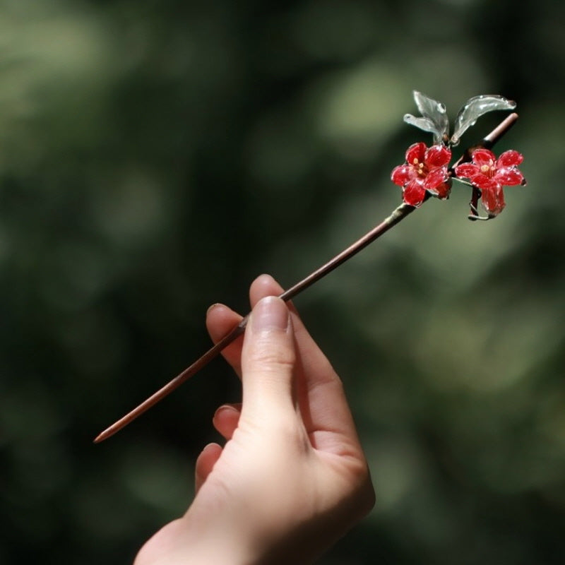 Red Plum Blossom Bamboo Hair Stick