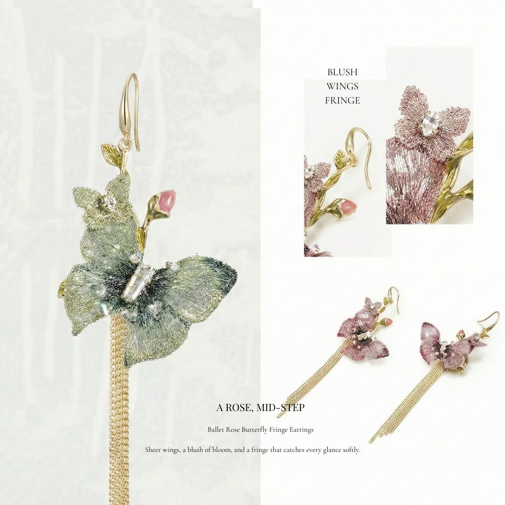 Ballet Rose Butterfly Fringe Earrings