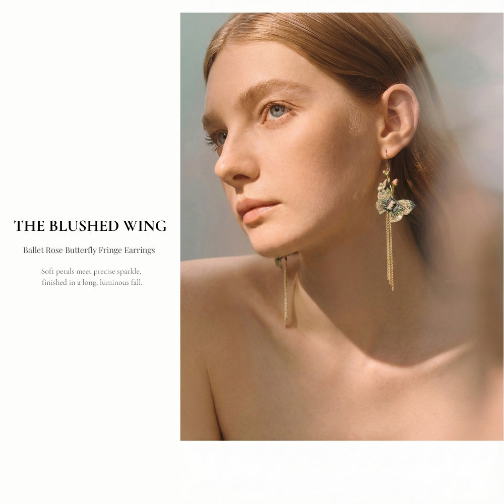 Ballet Rose Butterfly Fringe Earrings